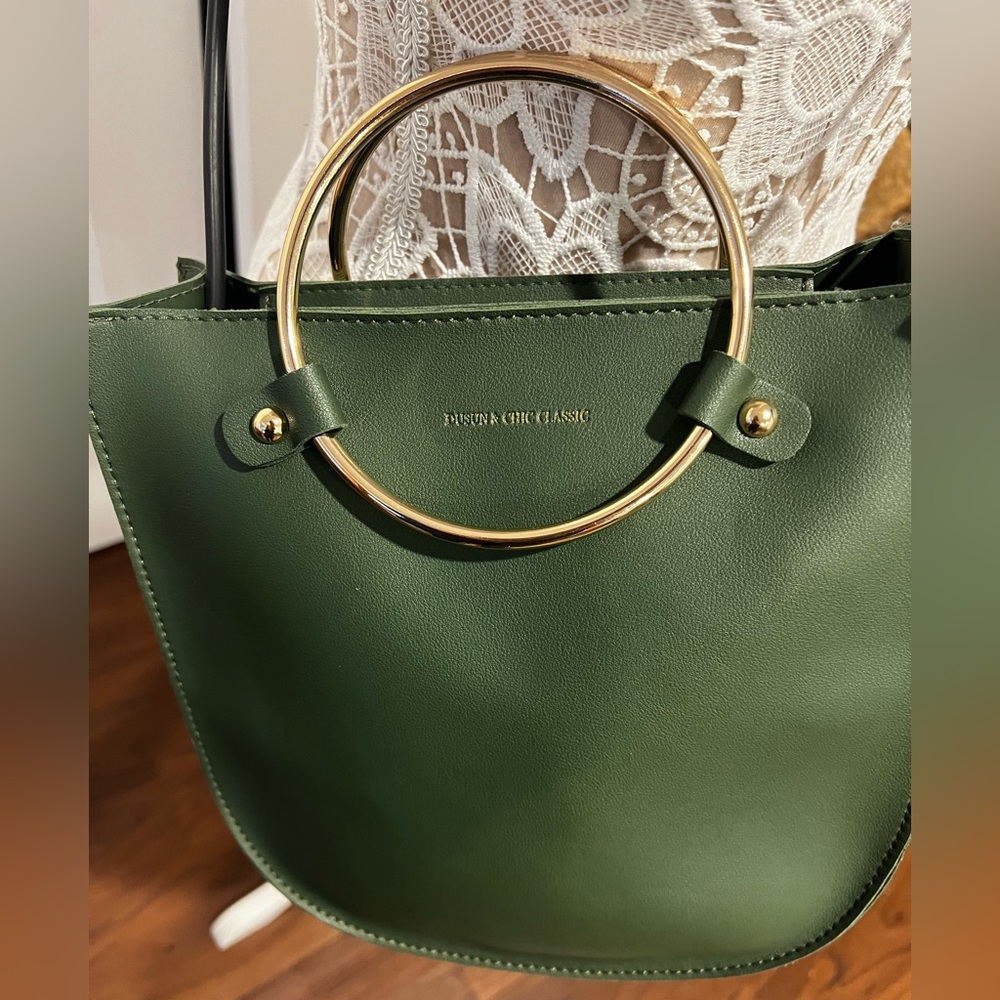 Dusun & Chic Classic Olive Green Structured Handbag w/ Gold Ring Handles
